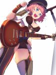  1girl :d black_headwear blue_eyes bra bracelet breasts brown_bra brown_panties covered_nipples electric_guitar flying_sweatdrops from_below garter_belt guitar hand_up hat highres hisho_collection holding holding_instrument instrument jewelry les_paul looking_at_viewer looking_down medium_breasts microphone microphone_stand music nagisa_kurousagi open_mouth panties pink_hair playing_instrument short_hair simple_background smile standing thigh-highs underwear white_background wristband 