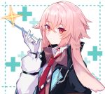  1boy animal_ears ansel_(arknights) arknights black_jacket blush eyebrows_visible_through_hair gloves highres jacket long_hair long_sleeves looking_at_viewer macchoko necktie pink_hair rabbit_ears red_eyes red_neckwear solo stethoscope syringe white_background 