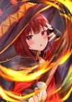  1girl absurdres bangs blush breasts brown_hair commentary_request dress fingerless_gloves fire gloves hat highres holding holding_staff kono_subarashii_sekai_ni_shukufuku_wo! looking_at_viewer megumin open_mouth red_eyes short_hair solo staff umineco_1 witch_hat 