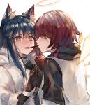  2girls animal_ear_fluff animal_ears arknights black_hair blush closed_eyes exusiai_(arknights) fangs gloves halo highres jacket long_hair looking_at_another multiple_girls nose_blush open_clothes open_jacket open_mouth raglan_sleeves redhead ryuuji_teitoku short_hair simple_background sweatdrop texas_(arknights) upper_body white_background white_jacket wolf_ears yuri 