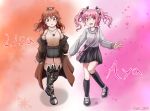  2girls absurdres bang_dream! boots brown_eyes brown_hair highres imai_lisa maruyama_aya multiple_girls pink_eyes pink_hair short_hair sj0822 thigh-highs thigh_boots turtleneck twintails 