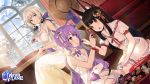  3girls animal_ears azur_lane bangs bare_shoulders black_hair blue_eyes blue_sky bow box branch breasts character_request chocolate closed_mouth commentary_request criss-cross_halter dress feeding hair_bun halterneck hat highres illustrious_(azur_lane) indoors kneeling large_breasts long_hair looking_at_another low_ponytail mole mole_under_eye multiple_girls nagato_(azur_lane) nagu official_art one_side_up open_mouth petite purple_hair red_ribbon ribbon short_sleeves side_bun sitting sky smile strapless strapless_dress stuffed_alicorn stuffed_animal stuffed_toy stuffed_unicorn sun_hat table tree tri_tails unicorn_(azur_lane) valentine violet_eyes white_bow white_dress white_headwear window yellow_eyes 