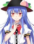  1girl bangs black_headwear blue_hair blush bow bowtie center_frills commentary_request e.o. food fruit hair_between_eyes hand_up highres hinanawi_tenshi leaf long_hair looking_at_viewer peach puffy_short_sleeves puffy_sleeves red_bow red_eyes red_neckwear shirt short_sleeves sidelocks simple_background smile solo touhou upper_body white_background white_shirt 