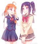  2girls ahoge artist_name bangs braid clover_hair_ornament commentary_request cosplay costume_switch dated eyebrows_visible_through_hair hair_ornament highres kanucone kazuno_sarah long_hair long_sleeves love_live! love_live!_sunshine!! miniskirt multiple_girls orange_hair purple_hair red_eyes school_uniform seisen_school_uniform short_hair side_braid sidelocks skirt takami_chika uranohoshi_school_uniform violet_eyes 