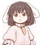  1girl animal_ears bangs brown_hair carrot_necklace eyebrows_visible_through_hair inaba_tewi looking_at_viewer parted_lips pink_shirt poronegi puffy_short_sleeves puffy_sleeves rabbit_ears red_eyes sanpaku shirt short_hair short_sleeves simple_background solo touhou upper_body white_background wide-eyed 