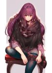  1girl absurdres bangs blue_pants blush boots border breasts brown_footwear chair closed_mouth contemporary crossed_legs denim fate/grand_order fate_(series) grey_background hair_between_eyes highres jeans large_breasts long_hair long_sleeves looking_at_viewer nakanishi_tatsuya pants purple_hair purple_scarf purple_shirt red_eyes scarf scathach_(fate)_(all) scathach_(fate/grand_order) shirt sitting smile white_border 