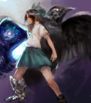  1girl bird bow brown_hair claws crow gem green_bow hair_bow inishie_kumo legs_apart long_hair profile puffy_short_sleeves puffy_sleeves purple_background reiuji_utsuho shirt shoes short_sleeves solo standing touhou white_shirt wings 