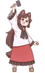  1girl :d animal_ear_fluff animal_ears bangs black_scarf blouse blush brown_eyes brown_footwear brown_hair eyebrows_visible_through_hair full_body gem hand_up highres holding holding_hammer imaizumi_kagerou loafers long_hair long_sleeves looking_at_viewer open_mouth poronegi red_eyes red_skirt scarf shoes simple_background skirt smile socks solo standing tail touhou very_long_hair white_background white_blouse white_legwear wide_sleeves wolf_ears wolf_tail younger 