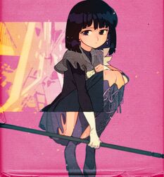  1girl bangs bishoujo_senshi_sailor_moon black_hair black_legwear black_shirt bob_cut boots capelet commentary cross-laced_footwear cut-away earrings expressionless gloves holding jewelry kuroi_moyamoya lace-up_boots magical_girl naginata pink_background polearm purple_earrings purple_footwear purple_skirt sailor_senshi shirt short_hair skirt solo squatting thigh-highs thigh_boots tomoe_hotaru weapon white_gloves 