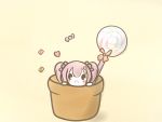  1girl :o beige_background blush candy chibi commentary_request flower_knight_girl flower_pot food hair_ornament heart heart_hair_ornament highres iberis_(flower_knight_girl) in_container koti lavender_hair lollipop looking_at_viewer open_mouth smile solid_oval_eyes solo swirl_lollipop twintails wrapped_candy 