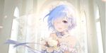  1girl :d bangs bare_shoulders blue_eyes blue_hair blush bouquet bridal_veil collar commentary_request dress flower frilled_collar frills hair_flower hair_ornament hair_over_one_eye highres holding holding_bouquet indoors looking_at_viewer off-shoulder_dress off_shoulder open_mouth petals re:zero_kara_hajimeru_isekai_seikatsu rem_(re:zero) rose shangguan_feiying short_hair smile solo upper_body upper_teeth veil wedding_dress white_dress white_flower white_rose 