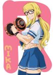  1girl blon blonde_hair blue_eyes dumbbell glasses highres makinaru muscle pig_tail rainbow_mika school_uniform skirt smile street_fighter tail thigh-highs watch 