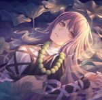  1girl arm_up beads blonde_hair dress empty_eyes eyebrows_visible_through_hair gradient_hair highres hijiri_byakuren juliet_sleeves layered_dress leaf long_hair long_sleeves looking_at_viewer lying multicolored_hair on_back parted_lips partially_submerged prayer_beads puffy_sleeves purple_hair solo symbol_commentary touhou upper_body very_long_hair yangsan_(2991076090) yellow_eyes 