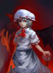  1girl ascot blue_hair hat inishie_kumo looking_at_viewer parted_lips pointy_ears puffy_short_sleeves puffy_sleeves red_eyes red_neckwear remilia_scarlet shirt short_sleeves skirt smile solo standing touhou white_headwear white_shirt white_skirt wings 