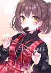  1girl bangs black_sweater blush brown_eyes brown_hair chocolate commentary copyright_request dress earrings eyebrows_visible_through_hair hair_between_eyes heart heart_earrings highres jewelry looking_at_viewer one_side_up red_dress solo sweater urim_(paintur) valentine 