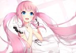  1girl bangs bare_arms black_ribbon blue_eyes bon_(bonbon315) commentary_request dress eyebrows_visible_through_hair frills long_hair looking_at_viewer open_mouth original pink_hair ribbon simple_background smile solo twintails very_long_hair white_background white_dress 