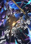  absurdres clash commentary_request dual_wielding duel glowing glowing_eyes gundam gundam_bael gundam_kimaris_vidar gundam_tekketsu_no_orphans highres holding lance mecha no_humans paintedmike pink_eyes polearm shield space sword weapon yellow_eyes 