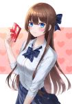  1girl absurdres bangs blue_bow blue_eyes blue_skirt blush bow breasts brown_hair collarbone commentary_request copyright_request gift heart heart_print highres holding holding_gift large_breasts long_hair long_sleeves looking_at_viewer school_uniform shirt skirt smile solo white_shirt xiho_(suna) 