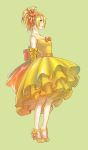  1girl blonde_hair breasts closed_mouth dress final_fantasy final_fantasy_x frilled_dress frills full_body green_eyes hair_up highres nexeee rikku short_hair simple_background sleeveless_dress smile solo standing yellow_bow yellow_dress 