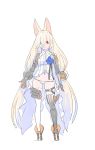  1girl animal_ears arms_at_sides asymmetrical_legwear blonde_hair blue_eyes blue_flower blue_rose boots character_request closed_mouth contrapposto flower full_body girls_frontline hair_between_eyes heterochromia highres leg_strap long_hair looking_at_viewer low_twintails mismatched_legwear nagisa_kurousagi navel panties red_eyes rose simple_background solo thigh-highs twintails underwear very_long_hair white_background white_panties 