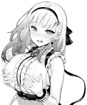  1girl :d anchor_choker apron azur_lane bangle bangs black_ribbon blush bracelet breasts commentary dido_(azur_lane) earrings eyebrows_visible_through_hair frills greyscale hair_ribbon hairband hands_on_own_breasts heart heart_earrings hori_(hori_no_su) jewelry large_breasts maid_headdress medium_hair monochrome open_mouth ribbon simple_background smile solo tears under_boob underboob_cutout upper_body waist_apron white_background white_hair 