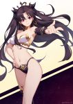  1girl armlet asymmetrical_legwear asymmetrical_sleeves bangs bare_shoulders black_bikini_bottom black_hair blush breasts bridal_gauntlets closed_mouth detached_collar detached_sleeves earrings fate/grand_order fate_(series) gradient gradient_background hoop_earrings ishtar_(fate)_(all) ishtar_(fate/grand_order) jewelry long_hair looking_at_viewer neck_ring outstretched_arm parted_bangs red_eyes sakanasoko single_detached_sleeve single_thighhigh smile solo thigh-highs tiara two_side_up white_bikini_top 