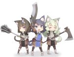  3girls :3 :d animal_ear_fluff animal_ears armor axe black_hair blue_eyes blush brown_gloves brown_hair cat_ears cat_tail chibi closed_eyes commentary_request full_body gloves green_hair hair_ornament hairclip long_hair looking_at_viewer mace mofu_namako multiple_girls open_mouth original short_hair simple_background smile standing sword tail violet_eyes weapon white_background 