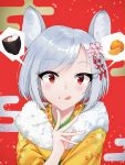  1girl animal_ears bob_cut bowl cherry_blossoms commentary_request egasumi egg eyelashes falling_petals floral_print flower food food_request fruit futasan hair_flower hair_ornament hand_up highres japanese_clothes kanzashi kimono licking_lips looking_at_viewer mouse_ears nengajou new_year orange orange_slice original red_background silver_hair simple_background smile spoken_food tongue tongue_out upper_body 