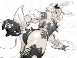  1girl animal_ears ass ass_focus black_bow black_gloves bow bracelet bug butterfly butterfly_hair_ornament chakram dark_skin final_fantasy final_fantasy_xiv gloves hair_ornament highres holding holding_weapon insect jewelry kyo_(kuroichigo) parted_lips rabbit_ears red_eyes ring viera weapon white_hair 