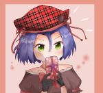  1boy adorable_balinese blue_hair blush crossdressinging gift gloves green_eyes hat highres kamaberuru kojirou_(pokemon) looking_at_viewer pink_background pokemon pokemon_(anime) ribbon team_rocket valentine 