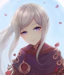  1girl bangs blue_background blush braid child closed_mouth cute edelgard_von_hresvelg eyebrows_visible_through_hair fire_emblem fire_emblem:_three_houses fire_emblem:_three_houses fire_emblem_16 girl intelligent_systems kid leonmandala looking_at_viewer moe nintendo petals ponytail purple_capelet sidelocks silver_hair smile solo swept_bangs tassel upper_body violet_eyes young younger 
