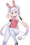  1girl absurdres animal_ears arm_up bare_shoulders blue_eyes bunnysuit commission covered_navel dragon_horns fake_animal_ears fur_trim gradient_hair hair_ornament hairband highres horns kanna_kamui kobayashi-san_chi_no_maidragon leotard long_hair looking_at_viewer low_twintails multicolored_hair open_mouth pantyhose pink_leotard rabbit_ears ryan_edian shoes silver_hair simple_background solo tail twintails v-shaped_eyebrows very_long_hair w white_background white_legwear 