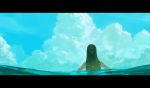  1girl afloat amo_(silent_bomb19) black_hair blue_sky clouds cloudy_sky day facing_away from_behind highres letterboxed long_hair original outdoors partially_submerged sky solo 