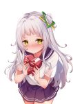  1girl absurdres blush box gift hair_bun hair_ornament heart-shaped_box highres holding holding_gift hololive lavender_hair looking_at_viewer murasaki_shion school_uniform smile solo to_naive valentine virtual_youtuber white_background yellow_eyes 
