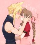  1boy 1girl 2019 aerith_gainsborough black_sweater blonde_hair blue_eyes blush bow braid braided_ponytail brown_hair closed_eyes cloud_strife couple cropped_torso dated embarrassed final_fantasy final_fantasy_vii from_side hair_bow hetero jacket krudears long_hair looking_at_another pink_background pink_bow ponytail red_jacket ribbed_sweater shiny shiny_hair short_sleeves sleeveless sleeveless_sweater spiky_hair sweatdrop sweater thought_bubble upper_body very_long_hair waiting_for_kiss 