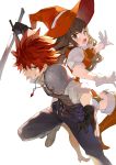  1boy 1girl back-to-back black_gloves blue_pants boots brown_eyes brown_hair eyebrows_visible_through_hair fighting_stance gloves grin highres holding holding_sword holding_weapon long_hair looking_at_viewer matsui_hiroaki open_mouth orange_footwear orange_headwear original pants shoulder_armor simple_background smile spaulders sword thigh-highs thigh_boots weapon white_background white_gloves 