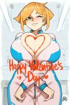  1girl 2020 absurdres aurahack blonde_hair breast_squeeze breasts bursting_breasts commentary_request curvy english_text grin happy_valentine heart highres huge_breasts looking_at_viewer looking_down one_eye_closed original racequeen short_hair signature smile solo thigh_gap twitter_username valentine wide_hips yellow_eyes zipper 