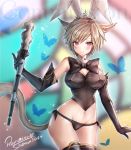  1girl animal_ears bangs black_panties blonde_hair blurry blurry_background blush bow breasts bug bunnysuit butterfly cat_ears cat_tail commission cowboy_shot dated elbow_gloves extra_ears eyebrows_visible_through_hair facial_mark final_fantasy final_fantasy_xiv gloves highres holding holding_staff insect large_breasts leotard looking_at_viewer midriff mii@chiffonx miqo&#039;te navel panties rabbit_ears red_eyes signature smile solo staff tail thigh-highs underwear 