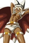  1girl abs bangs belt belt_buckle beltbra breasts brown_eyes buckle cape commentary_request dark_skin from_below guilty_gear guilty_gear_xrd hair_between_eyes hat kamui_sathi long_hair looking_at_viewer medium_breasts muscle muscular_female ramlethal_valentine short_shorts shorts simple_background solo thigh_strap white_background white_belt white_cape white_hair white_headwear white_shorts 