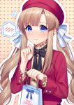  1girl bag bangs black_ribbon blue_eyes blush breasts commentary eyebrows_visible_through_hair hair_ornament highres holding holding_bag jacket jenevan long_hair looking_at_viewer medium_breasts original red_headwear red_jacket ribbon solo white_ribbon 