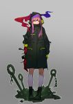  1girl bare_legs black_nails fingernails gradient gradient_background hair_over_eyes halfway highres hood hood_up jacket long_hair long_jacket original parted_lips pink_hair red_skin shaded_face sleeve_rolled_up solo standing yellow_eyes 