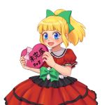  1girl :d alternate_costume bangs blonde_hair blunt_bangs blush bow box commentary_request dress elara_58 gift gift_box hair_bow heart heart-shaped_box high_ponytail holding holding_gift korean_commentary long_hair open_mouth ponytail red_dress ribbon rockman rockman_(classic) roll sidelocks simple_background smile solo valentine white_background 