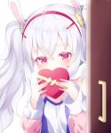  1girl animal_ears azur_lane bangs bare_shoulders blush box breasts camisole commentary_request covered_mouth door eyebrows_visible_through_hair gift gift_box hair_between_eyes hair_ornament hairband heart-shaped_box holding holding_gift jacket koko_ne_(user_fpm6842) laffey_(azur_lane) long_hair off_shoulder open_clothes open_door open_jacket pink_jacket rabbit_ears red_eyes red_hairband silver_hair simple_background small_breasts solo twintails white_background white_camisole 