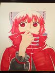  1girl bangs bow capelet covered_mouth eyebrows_visible_through_hair hair_bow hand_up highres long_sleeves marker_(medium) photo poronegi red_capelet red_eyes redhead sekibanki short_hair solo touhou traditional_media 