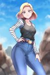  1girl android_18 belt belt_buckle blonde_hair blue_sky breasts buckle commentary_request denim dragon_ball dragon_ball_z forehead high-waist_pants highres jeans long_sleeves looking_at_viewer medium_breasts medium_hair pants red_earrings sky solo striped tank_top violet_eyes yasu_suupatenin 