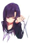  1girl closed_mouth collarbone face fingernails halfway holding holding_scissors long_hair original purple_hair school_uniform scissors simple_background sleeves_past_wrists solo violet_eyes white_background 