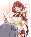  1girl apron bangs black_gloves breasts chest_jewel cooking earrings fingerless_gloves gloves highres jewelry kurokaze_no_sora large_breasts pyra_(xenoblade) red_eyes red_shorts redhead short_hair short_shorts shorts solo swept_bangs tiara translation_request xenoblade_chronicles_(series) xenoblade_chronicles_2 