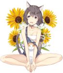  1girl animal_ears bare_legs bare_shoulders bell bell_collar black_hair blue_eyes bra cat cat_ears cat_girl cat_tail choker collar collarbone eyebrows_visible_through_hair flower highres kimura_(ykimu) open_mouth original overalls short_hair simple_background sitting strap_slip strapless strapless_bra sunflower tail underwear 