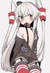  1girl amatsukaze_(kantai_collection) black_dress blush brown_footwear candy chocolate chocolate_heart collarbone cowboy_shot dress eyebrows_visible_through_hair flat_chest food garter_straps gloves grey_background hair_tubes heart kantai_collection long_hair long_sleeves monaka_ooji mouth_hold red_legwear sailor_collar sailor_dress silver_hair simple_background solo thigh-highs two_side_up valentine white_gloves white_sailor_collar windsock 