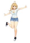  1girl :d ahoge bare_arms bare_legs blonde_hair blue_shorts breasts denim denim_shorts fang front-tie_top full_body hair_ornament highres leg_up long_hair looking_at_viewer medium_breasts midriff_peek open_mouth original outstretched_arms ryan_edian shirt shoes short_shorts short_sleeves shorts smile sneakers solo standing standing_on_one_leg thighs transparent_background violet_eyes white_shirt 